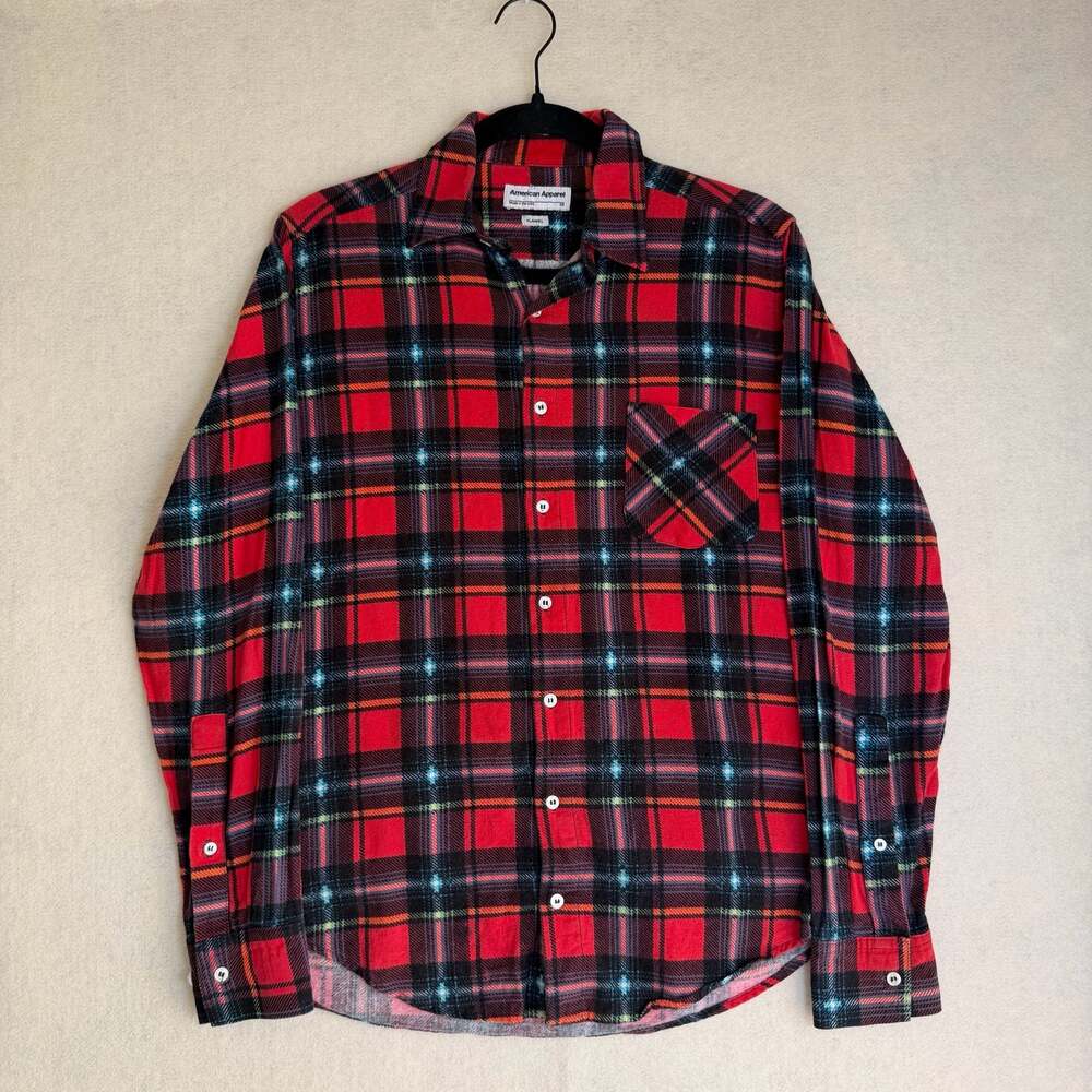 American Apparel Shirt Mens Made in the USA Red Plaid Flannel Button Down XS